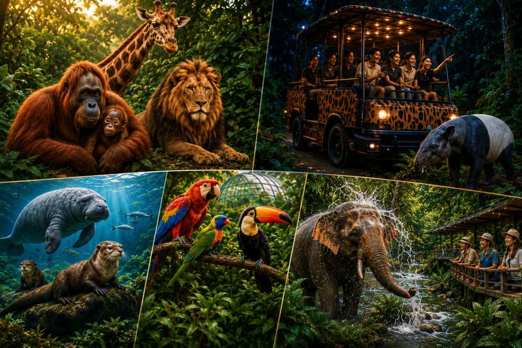 Collage of wildlife experiences at Mandai Zoo including orangutans, lion, giraffe, safari tram tour, manatee, macaws, toucan,